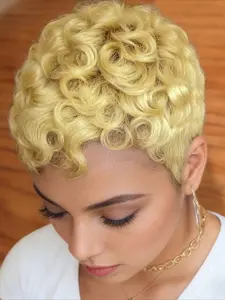 Curly Wave Wig Natural Wave Wig Human Hair Textured Wig for Women Pixie Cut Wig Full Machine Made Wig 180% Density 6Inch Wavy Wigs
