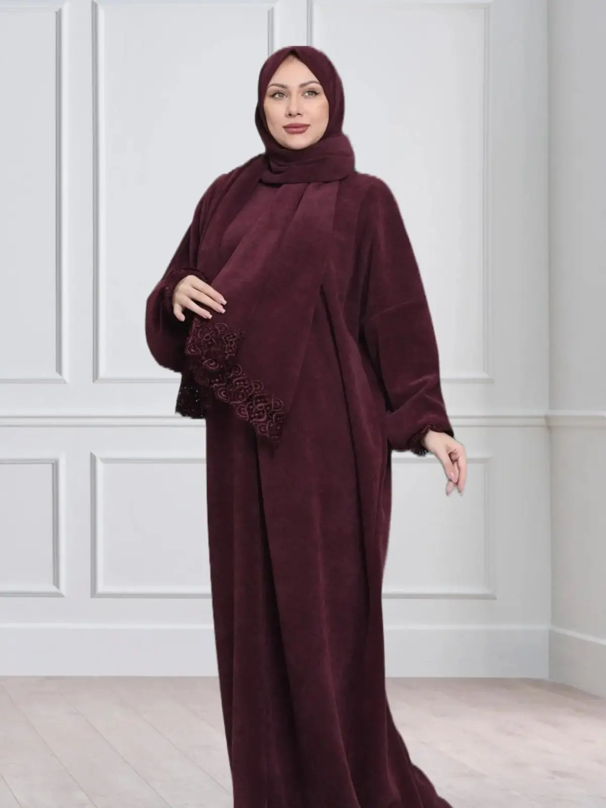 One-Piece Prayer Set Dress &  with attached Hijab - Striped Wool abaya muslim clothing
