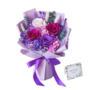 100% Real Fresh Flowers Made Bouquet, Lasts 1 year Years, No Water No Sun No Maintenance,Not toxic chemicals 4 Roses Mixed, Birthday Gift for Her