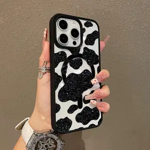 Adorable Magnetic Case for iPhone11 12 13 14 15 16 17 promax Starry Cow Print MagSafe Compatible, Lightweight, clear acrylic, Anti-Fall Girly & Chic Style.QXE783