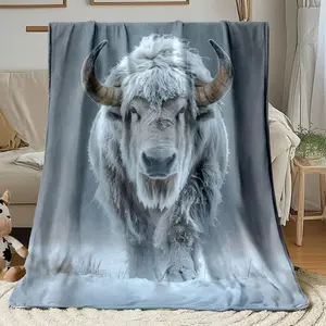 1pc White Buffalo Figure Printed Blanket. Soft And Warm Flannel Blanket Travel, Camping, Sofa, Livingroom, Couch, Chair, Bed. Family Or Friends 280GSM 3 Sizes Available (30x40in/50x60in/60x80in)