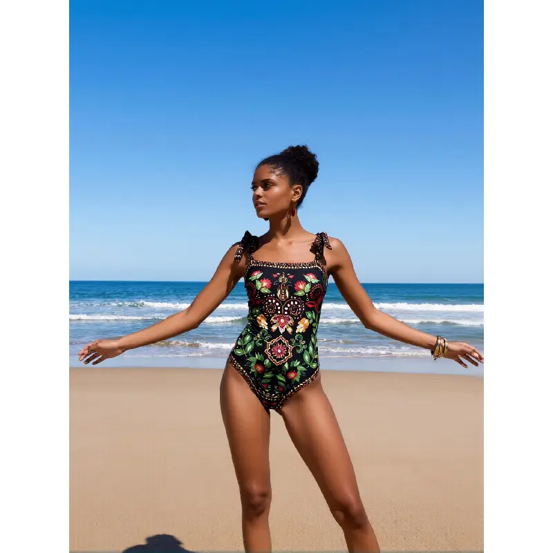 2026 New Boho One-Piece Swimsuit: Black, Ethnic Floral Embroidery Print, Tie Shoulder, Square Neck, Beach Style