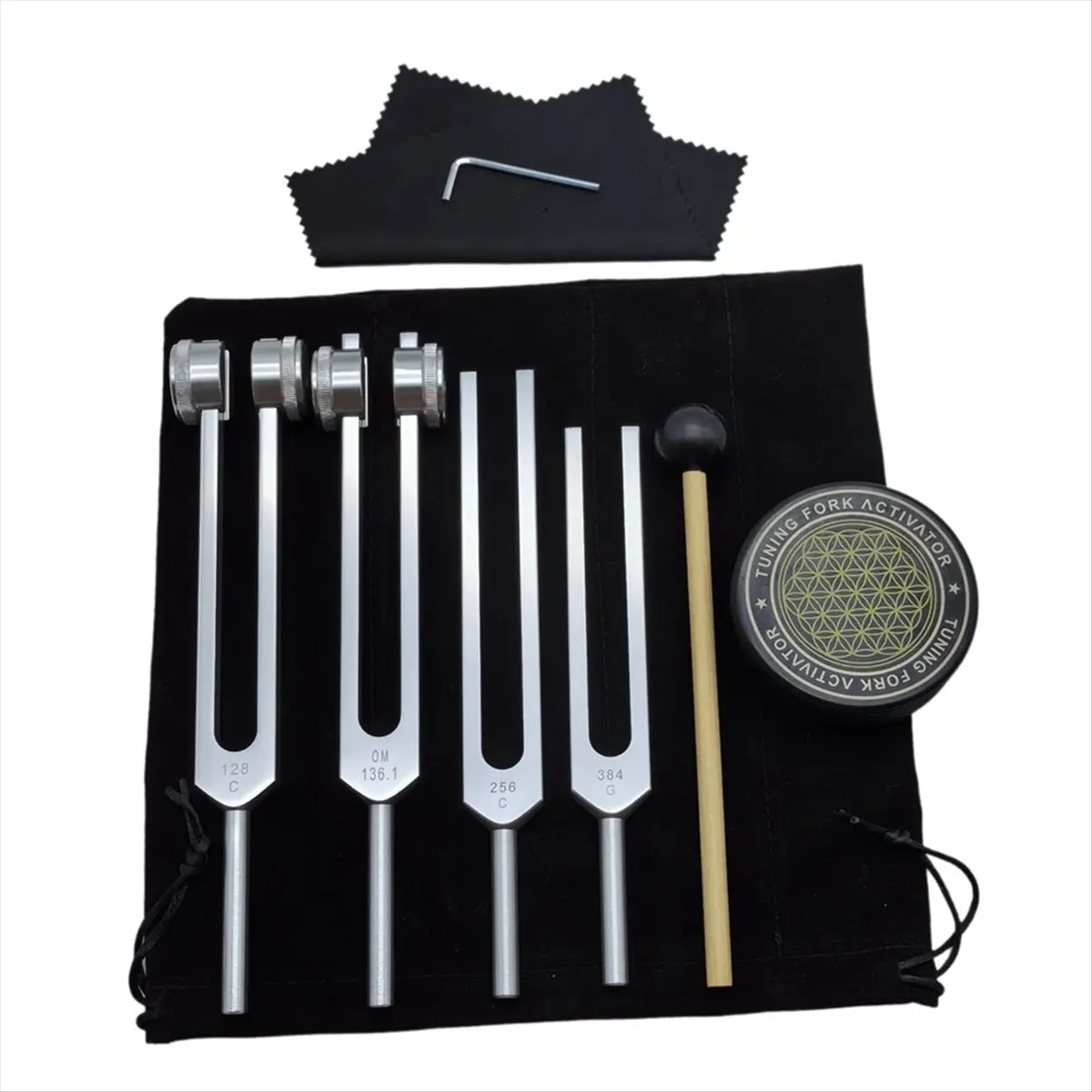 Healing Tuning Forks Set with 128Hz, 136Hz, 256Hz, 384Hz Metal Ancient Instruments, Hockey Puck Activator & Sound Healing Guide for Sound Therapy, Body Balance Sessions, Aluminium