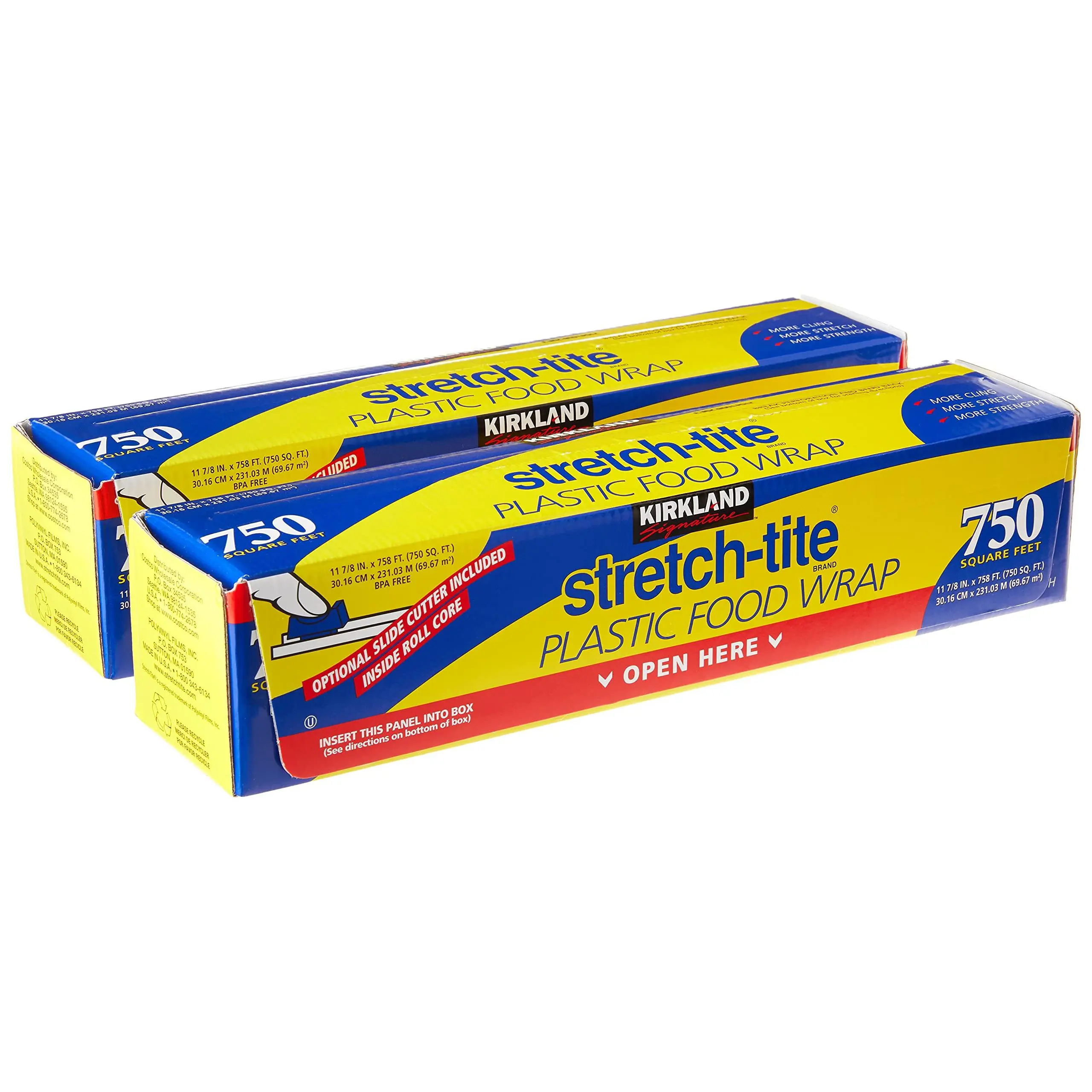 KIRKLAND SIGNATURE Stretch-Tite Plastic Wrap, 2-Pack, 11.875in x 750ft (1500 Sq'), BPA-Free, Inside Roll Core, Optional Slide Cutter Included