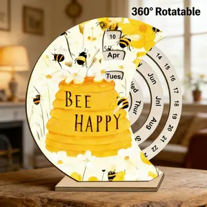 Bee Happy Decorative Doodle Typography Calendar - Vintage 2D Rotating Perpetual Calendar, Inspirational Wooden Desk Decor for Home and Office, Perfect Gift for Moms, Girls, and Friends - Stylish Seasonal Fun for Bedroom, Living Room, Kitchen, and Café