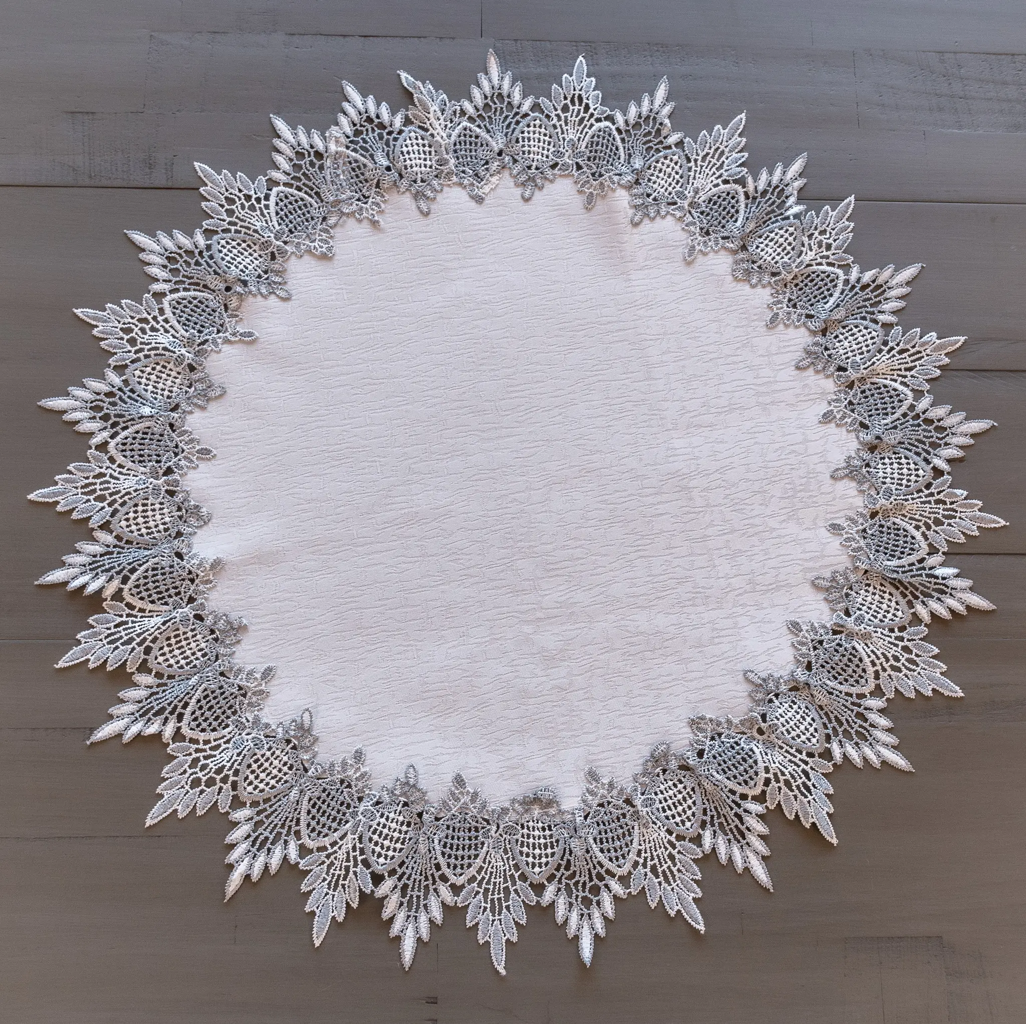 Linens Art And Things - Earth Tone Silver Lace on White Jaquard Large Doily, Table Topper (24" RD/ 34"RD)