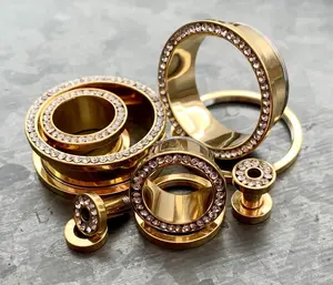 PAIR of Stunning Gold PVD plated CZ Gem Rimmed Tunnels/Plugs - Gauge 8g (3.2mm) thru 1" (25mm)