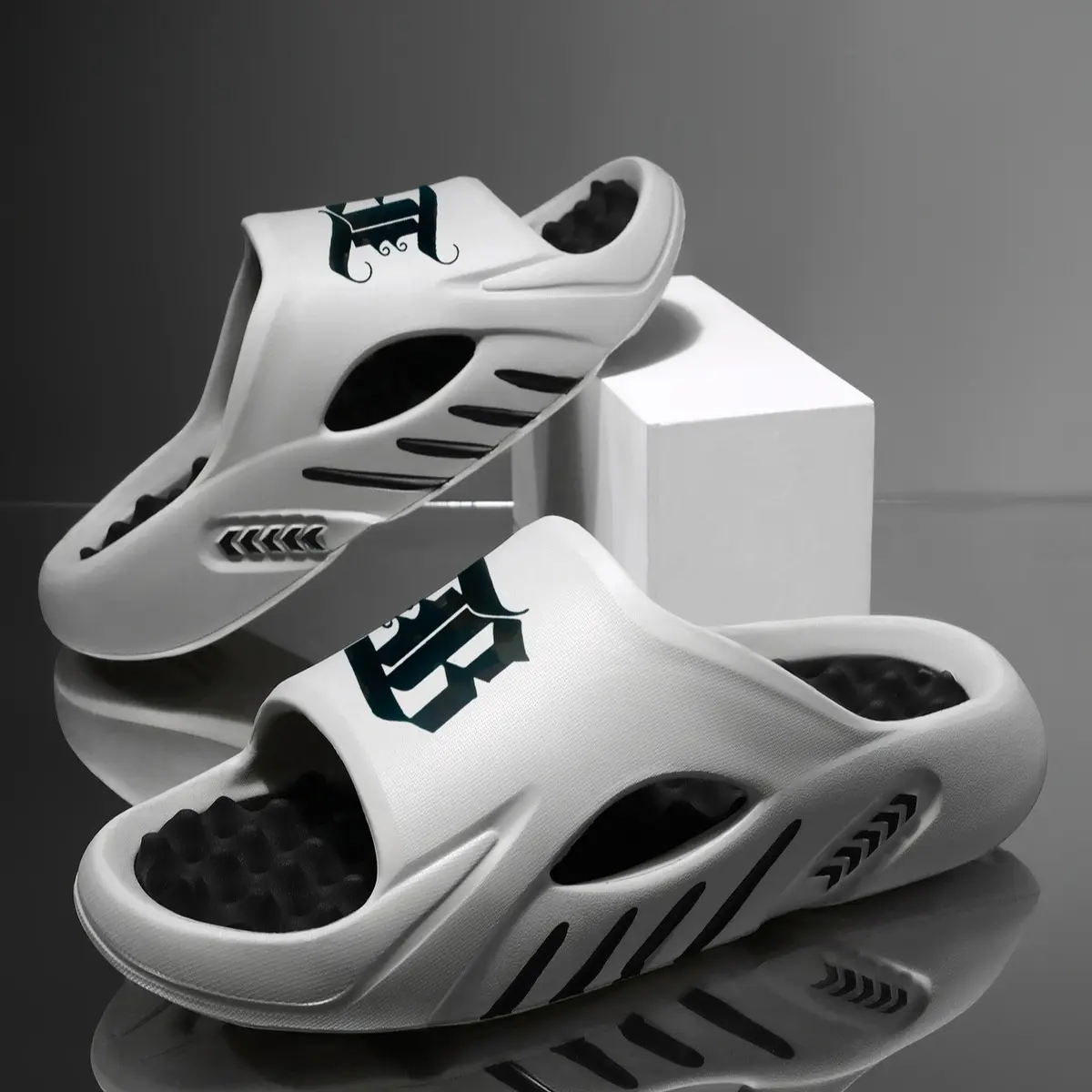 Men's Sporty Cloud Slides with Gothic B Print - Thick Cushioned Foam Sole, Non-Slip Indoor-Outdoor Beach Footwear, Gifts for Him, Mens Gifts