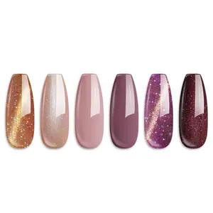 Cat Eye Gel Nail Polish Set 6 Colors, Glitter Nude Shiny Champagne Burgundy Gold Magnetic Effect Sparkle Stunning Home Nail Art Gel Kit Gift