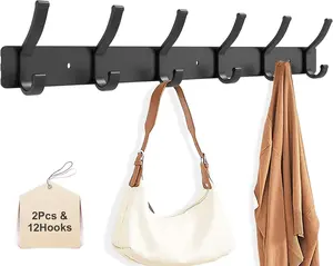 2-Pack All-Metal Wall Mount Coat Racks, Durable Lightweight Aluminum Home Organizer with 6 Dual Hooks, Decor & Room & Household Items Decor Hat Hooks Storage for Hats, Towels, Purses