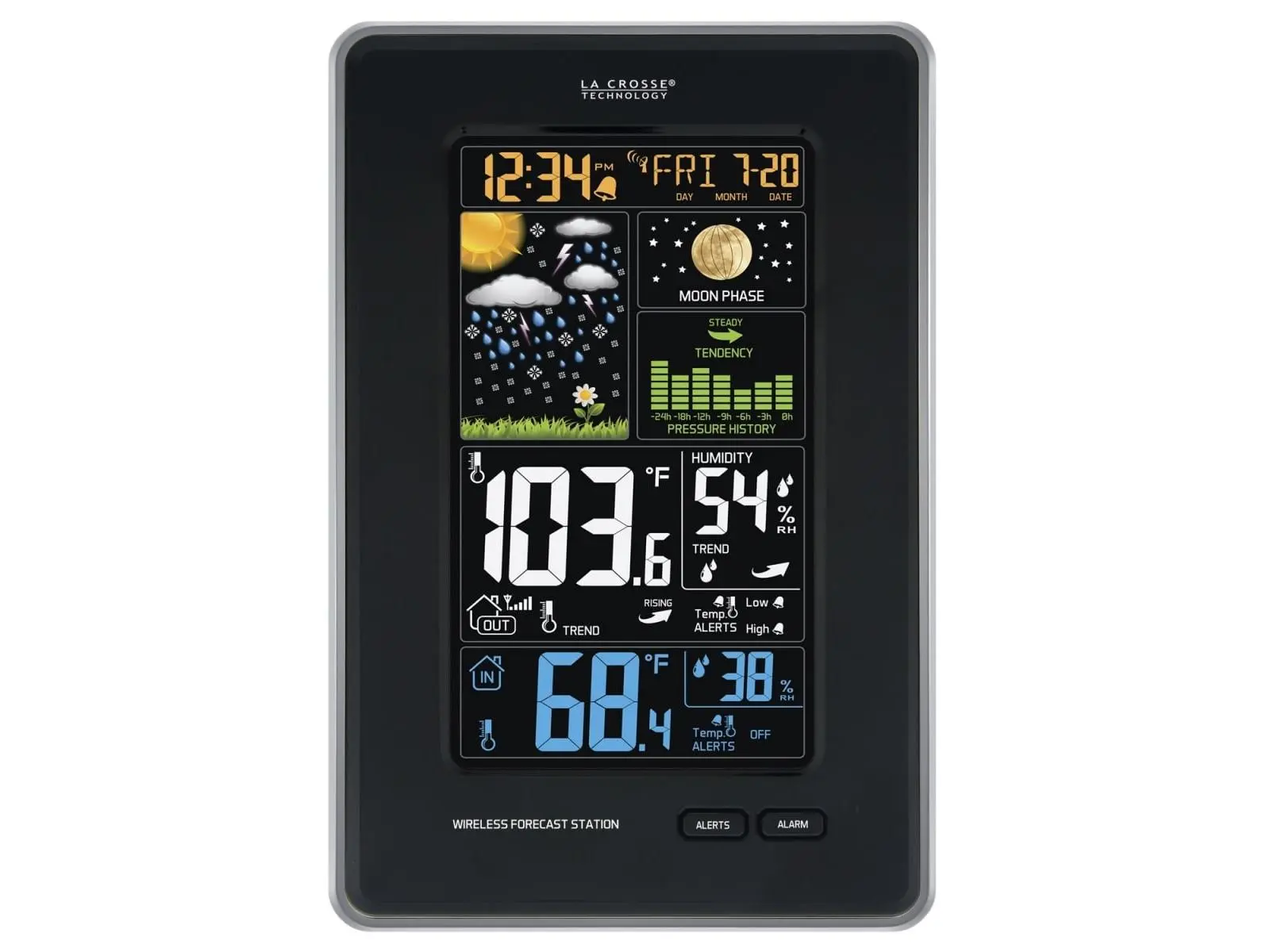Plastic Smart Digital Vertical Wireless Indoor-Outdoor Thermometer Weather Station for Backyard Use, Black, -40 to 140°F Range, F/C Support, AC Cord, Backlight Control, Color LCD, Pressure Monit., Temperature Control Functionality