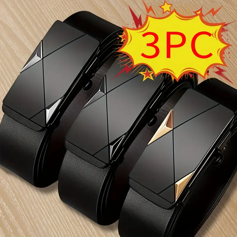 Men's 3-Piece Modern PVC Waist Belts Set, Adjustable Auto-Ratchet Buckle, Matching Design Belt for Business Casual & Everyday Wear, Gold Accent, Matching Belt