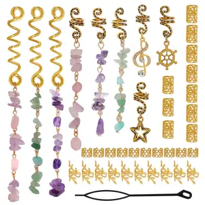 40 count Hair Jewelry for Braids, Natural Colored Crystal Stone Hair Braid Accessories Metal Hair Charms Gold Loc Dreadlock Spirals Cuffs Rings for Women Girls Rave Festival Hairstyle Decoration