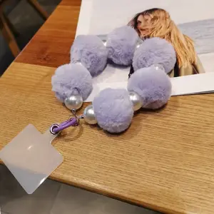 Cute Plush Ball Phone Wrist Strap, Stylish Cellphone Lanyard Chain, Keychain Purse Charms for Women Girls, Sweet Pearl Bag Charms Keychain Wallet Purse Pendant, Fashionable Wristlet for Smartphones, Valentine's Day Gifts,New Year Gifts