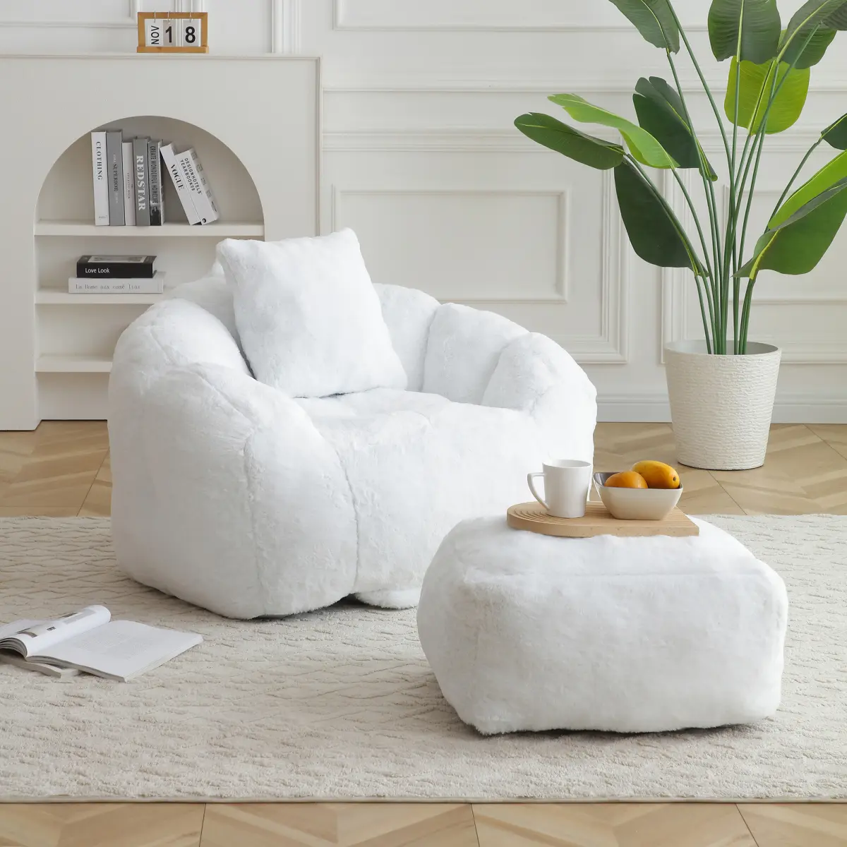 Oversized Faux Fur Loveseat Couch - Casual Giant Bean Bag Chair, Comfy Couch Set with Faux Fur Shell, Footstool and Fillers, Indoor Accent Furniture for Adult Gaming Floor Lounge, Includes Fillers