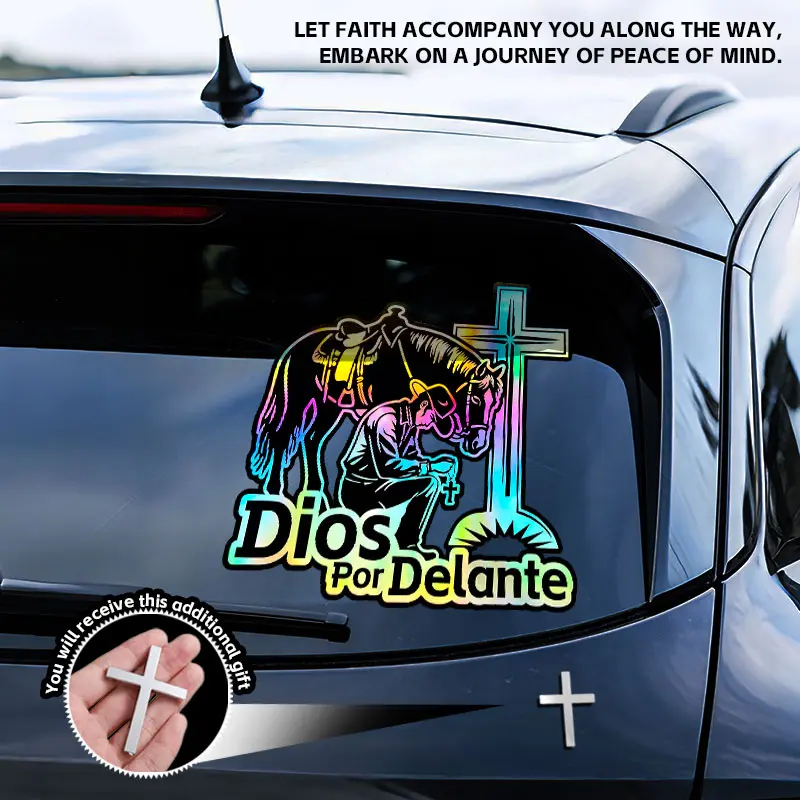 Large-Size Holographic Christian Car Decal - Metal Cross Badge with Metal Cross Bonus, Holo Glow, UV-Resistant Vinyl, Peel-Stick-Remove Easily, Scratch-Cover, 9.84in x 7.84in Cars Accessories for Window Bumper