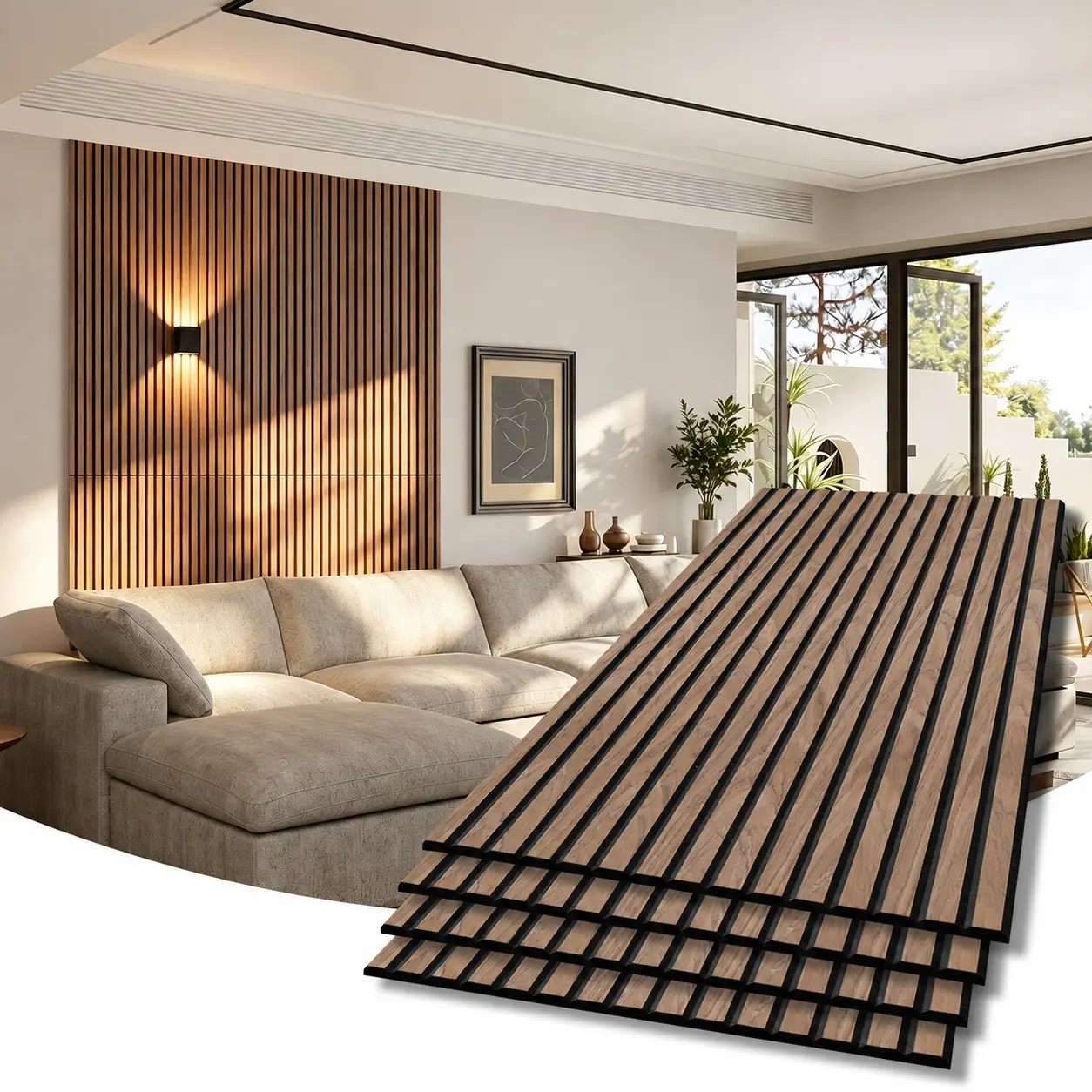 THSTAR Walnut Veneer Acoustic Wall Panels, Self-Adhesive V-Groove PET Sound Absorbing Panels (4 Pack, 23.6"x47.2"), Modern Indoor Wall Decor for Home Offices