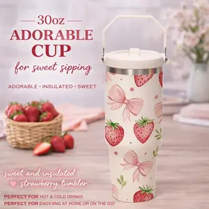 1 Pc 30oz Strawberry Bow Sweet Design “Adorable Cup For Sweet Sipping”, Cute Aesthetic Vacuum Cup, Double Wall Thermal Mug, Leak Proof Lid, Keeps Drinks Hot 12H Cold 24H, Valentine Day Birthday Holiday Gift for Women Girls