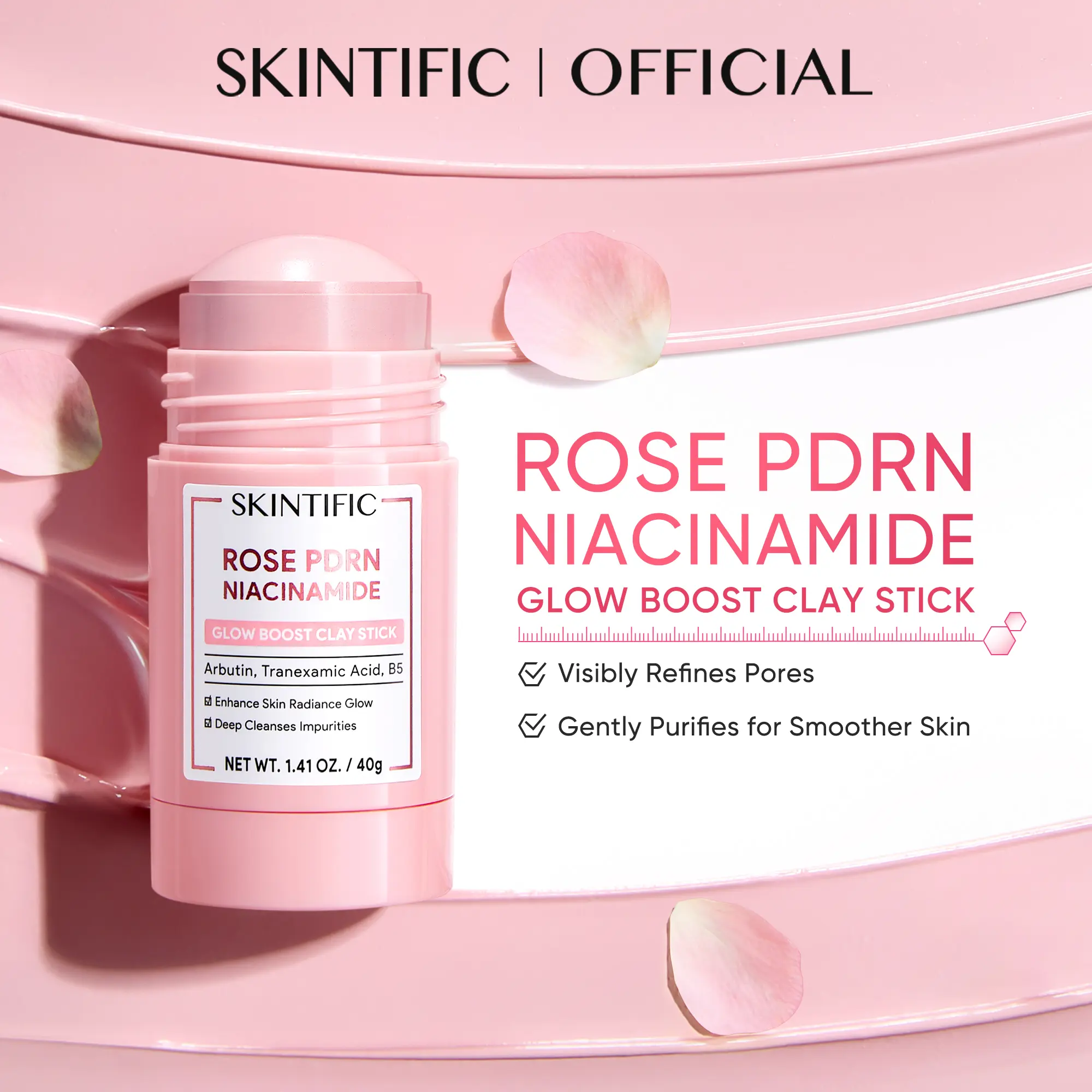 [New Launch] SKINTIFIC Rose Pdrn Niacinamide Glow Boost Clay Stick 3X Brightening Power Deep Pore Cleanser No Dryness Mess-Free Application For Oily & Dull Skin