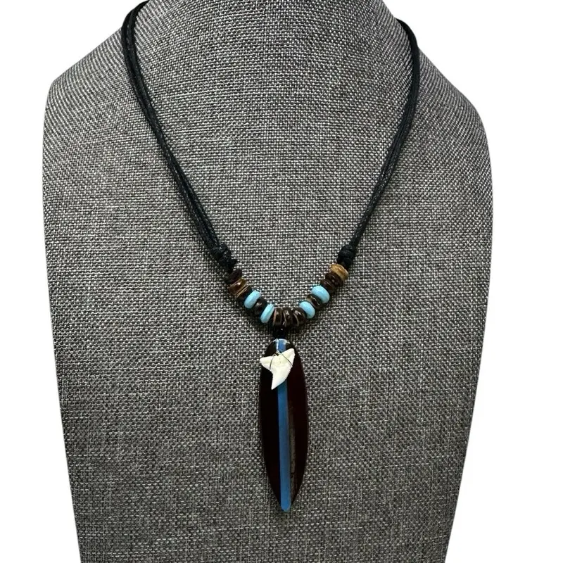 Adjustable Pendant Necklace with Surfboard and Shark Tooth Charms