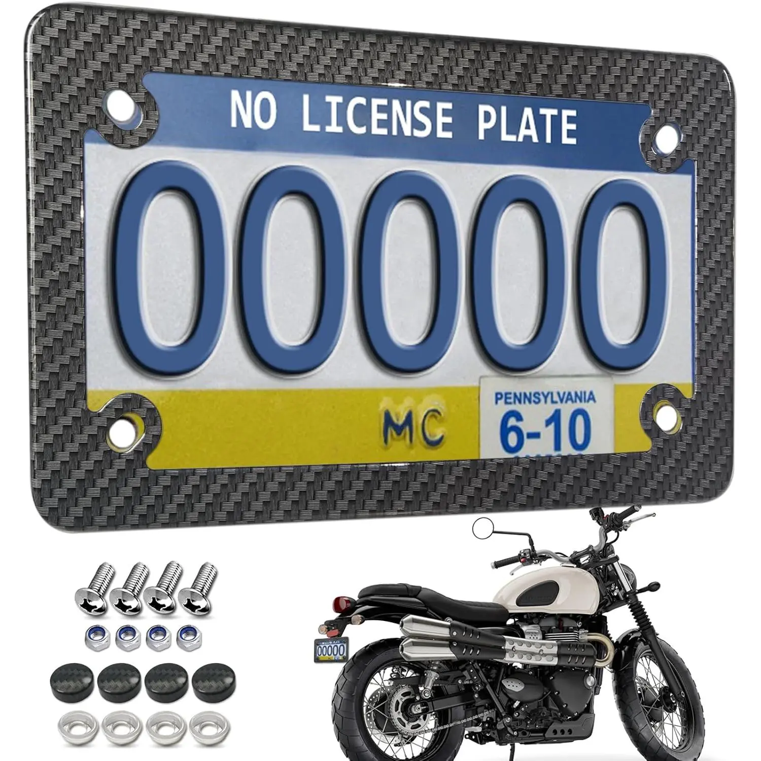 Carbon Fiber Pattern Rustproof Stainless Steel Motorcycle License Plate Frame - 7.4"x4.5" External Size Standard US/CA Tag Holder Bracket, 1 Pack Includes Screws, Nuts & Screw Caps, Easy Install for Bike Moped