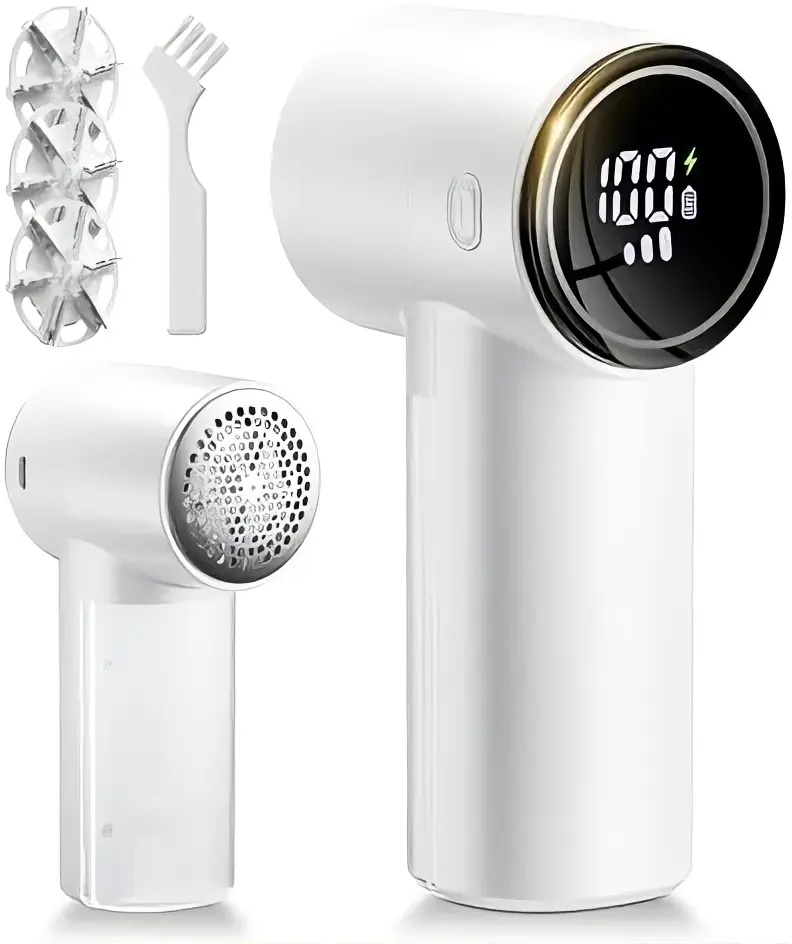 Pearl White Rechargeable Lint Remover - 6-Blade, 18000 RPM Motor, 3 Speed Settings, USB Type-C, 90-Minute Runtime, Travel-Friendly Household Appliance