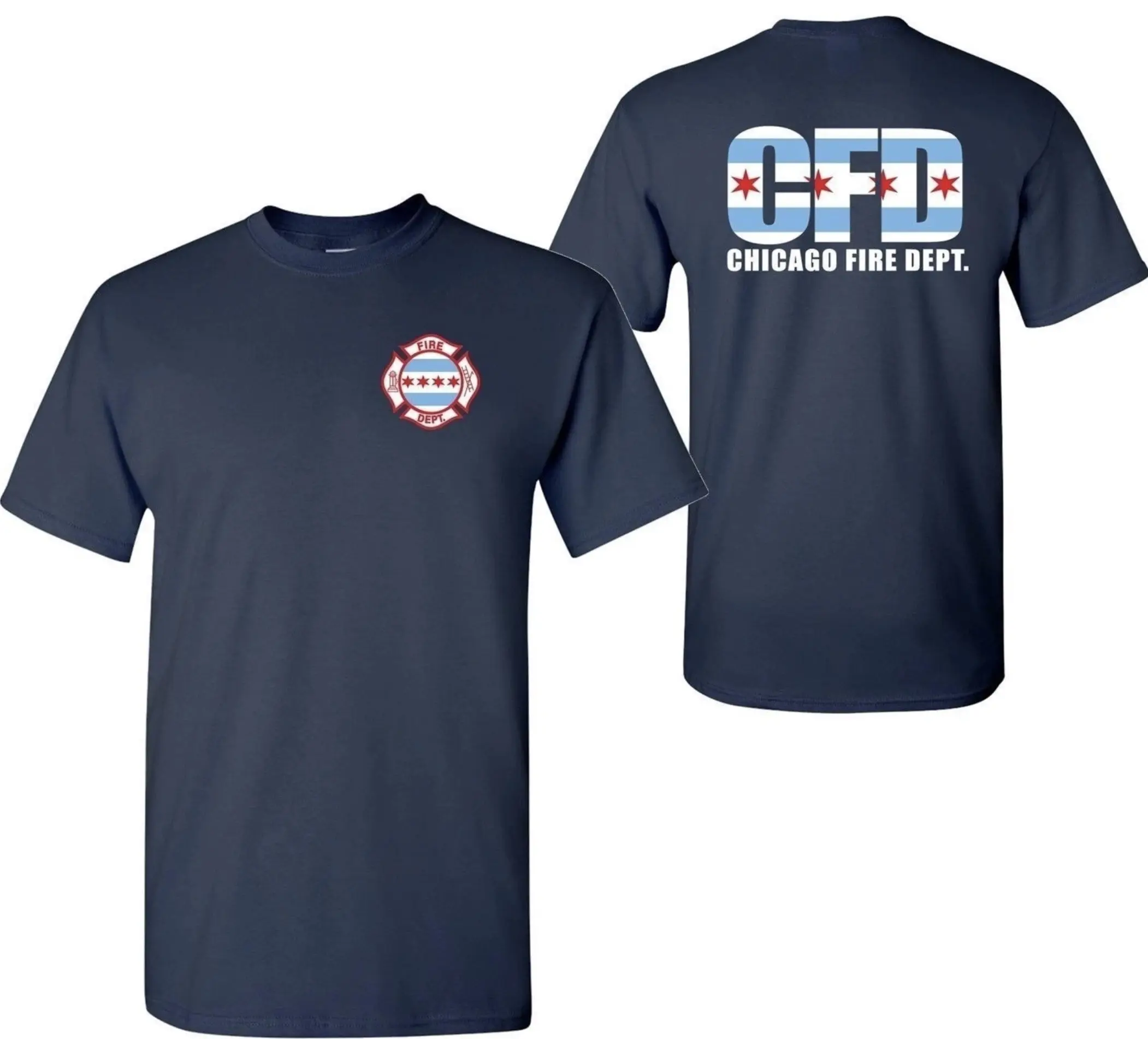 Chicago Fire Department w/Chicago Flag 2-Sided T-shirt, #FirefighterPride Graphic Tee, EMS Chicago Firefighter Department Gear for Men & Women