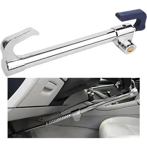 Double Hook Brake Pedal Steering Wheel Lock – Retractable Adjustable Length Vehicle Security Lock with 2 Keys, Universal for SUV, Sedan & Truck