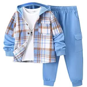 2-piece children's flannel plaid shirt and pants set, boys' hoodie tracksuit for autumn, winter, and spring, suitable for ages 4-12