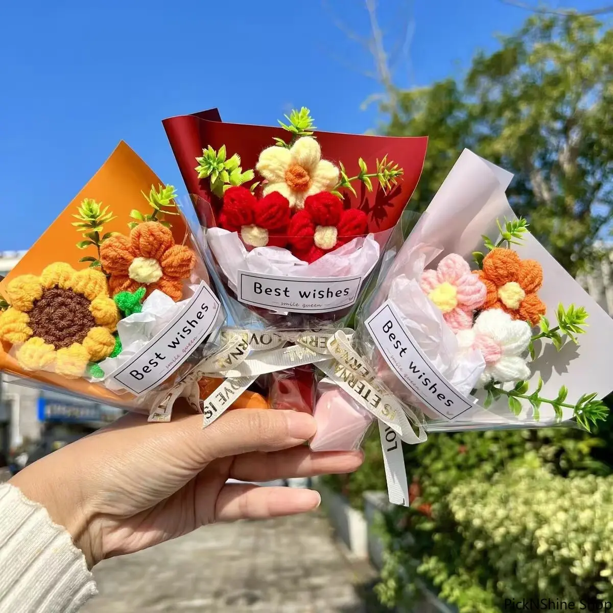 Crochet Puff Flower Bouquet, Artificial Sunflower Knitted Mini Flower Bouquet, Faux Flower Gift For Souvenir & Cross Border Wholesale