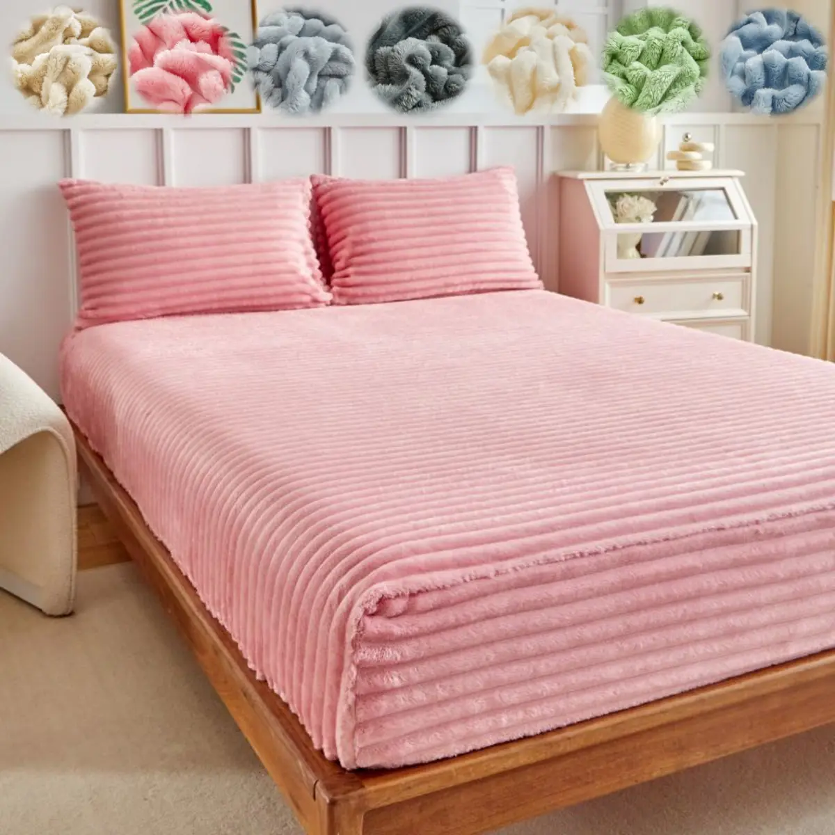 faux rabbit fur striped bedding set, Soft Comfy Bedding, Polyester Bedding, Bedsheet Sets, soft and warm fitted sheet with 1/2 pillowcases, solid color three-piece sheet set, suitable for all seasons, for bedrooms, gift for the holidays