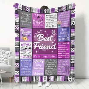Comfortable, Bohemian Patchwork Border, Grid Pattern, Letter & Slogan Design, Ideal Gift for Friends, Family, Room Decor, Letter Print Blanket, Cozy Throw Blanket