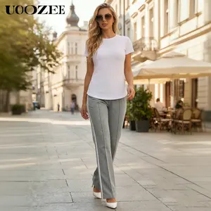 UOOZEE Women's High-Waist Straight-Leg Striped Polyester Bottoms - Chic, Smooth, Elastic-Waist, Soft Stretchy Knit, Loose-Fitting Pockets Trousers, Basic for Smart Casual (Office, Loungewear) - Pair with Blazer, Blouse, Camisole for Spring-Summer-Fall
