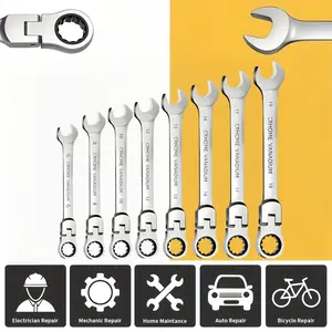8PCS Flexible Ratchet Combination Wrench Set, 6/8/10/12/13/14/17/19mm 180° Swivel Head Spanner Kit, CR-V Steel Hand Tools for Auto Bicycle Electrician Household Mechanical Repair Multi-Purpose