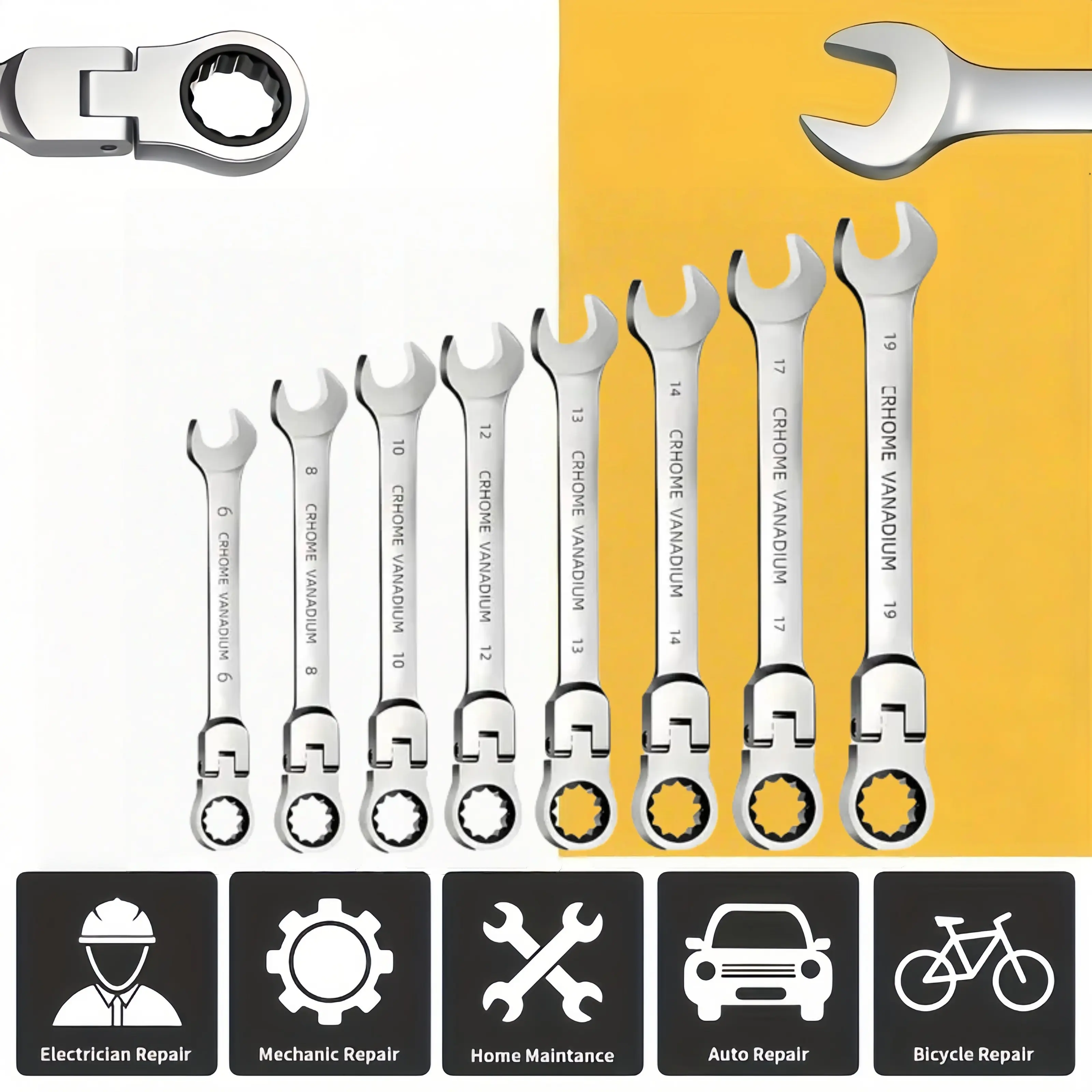 8PCS Flexible Ratchet Combination Wrench Set, 6/8/10/12/13/14/17/19mm 180° Swivel Head Spanner Kit, CR-V Steel Hand Tools for Auto Bicycle Electrician Household Mechanical Repair Multi-Purpose, Multifunctional Wrench Set, Flexible Combination Wrenches
