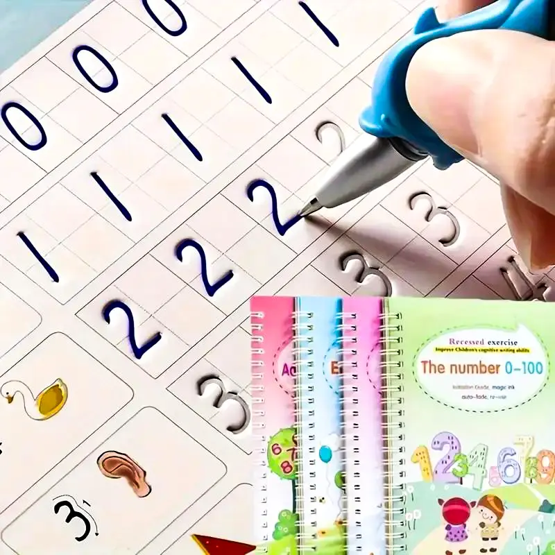 [Back to School Must-Have] Reusable Groove Pen Calligraphy Copybooks Set with Pen - Thick Paper, Magic Ink, Alphanumeric Tracking - School & Educational Learning Office Stationery Supplies