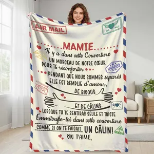 Grandma Air Mail Love Letter Flannel Blanket  Vintage Postal Print Heart Hug Design  Soft Cozy Warm Durable Gift Blanket for Home Living Room Bedroom Sofa Holiday Family Appreciation