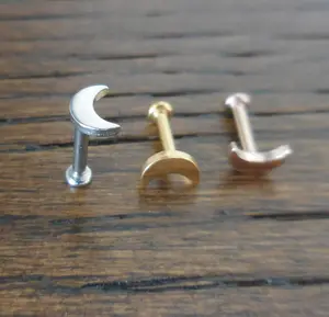 Threadless Flat Back Moon Labret Stud Tragus Helix Push Pin Cartilage Earring Conch 16G, 18G, 20G  Earrings Gold Tone Rose Stud