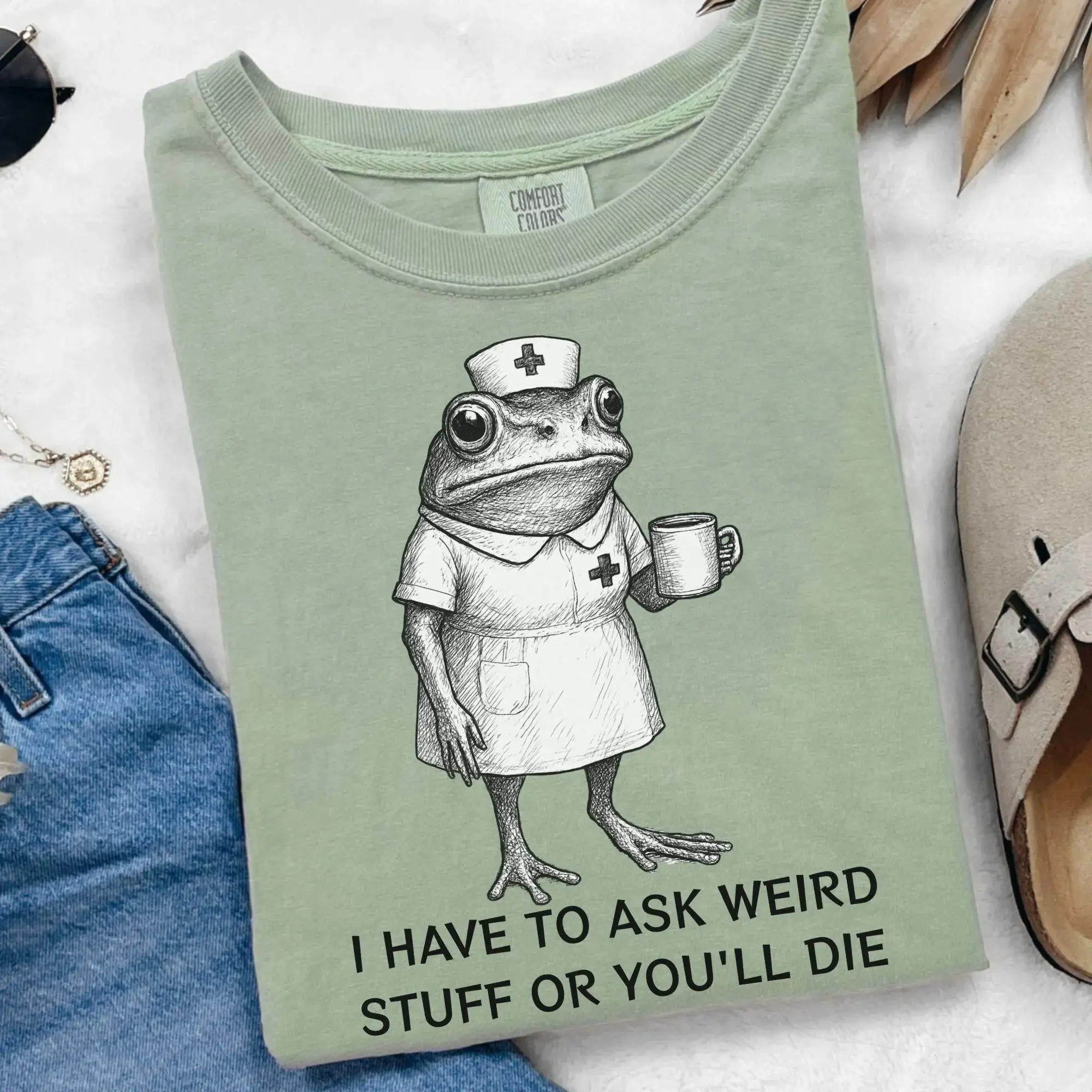 Funny Nurse Frog Shirt, Unhinged Whimsical Coqui Comfort Colors Graphic Tee, Medieval Dark Humor tshirt, Coffee Lover Nursing T-Shirt