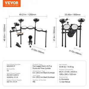VEVOR Electric Drum Set, 32 Drum Kits 480 Sounds Electronic Drum Kit, USB MIDI Supported 8 in Quiet Mesh Snare Electric Drum Set with 10 in Cymbals Drum Sticks Pedals, for Beginners Adults