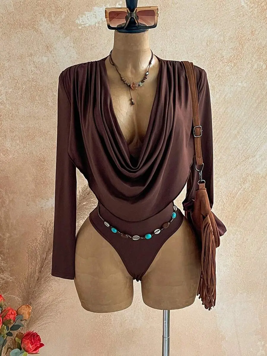 Elamini x [FS] Soleia New Back To School Casual Vacation Western Beach Wedding Guest Outfit Graduation Brunch Women's Clothing St. Patrick's Day Spring Break Easter Music Festival Elegant Bohemian Tropical Elegant Brown Se x [FS] y Cowl Neck Ruched Women'