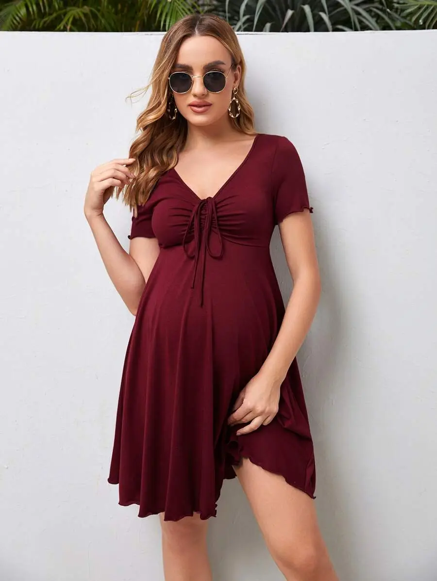 LUNA LAYER Womens Maternity Drawstring V Neck Lettuce Trim Short Sleeve Mini Dress