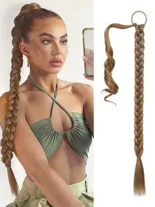 30 Inch Long Braided Ponytail Extension with Hair Tie, DIY Wrap Around Synthetic Hairpiece, Natural Soft Fluffy Straight Ponytail Extensions Style for Women