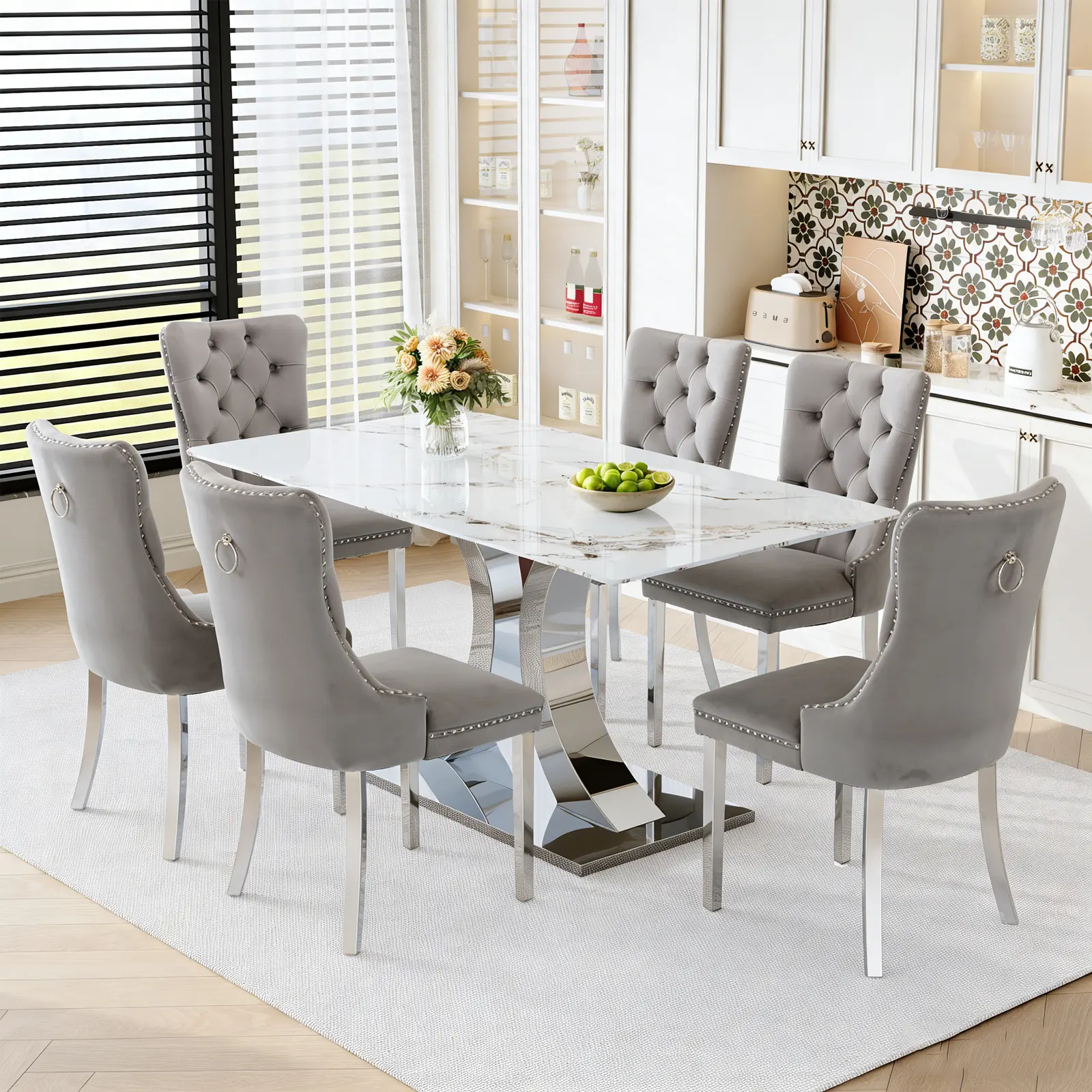 1 Table+6 Gray Silver Metal Chairs