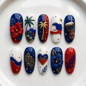 Pernell Home Ayiti Heritage Press On Nails | Blue Floral 3D Art, Heart Emblem Design, Cultural Celebration Theme, Handmade Statement Nails