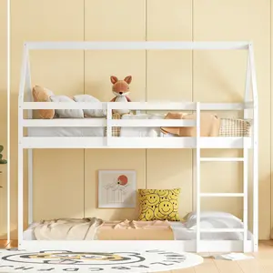 Twin over Twin Rubber Wood Floor Bunk Bed, with ladder,Guardrails,House-Shaped-Bunk Bed