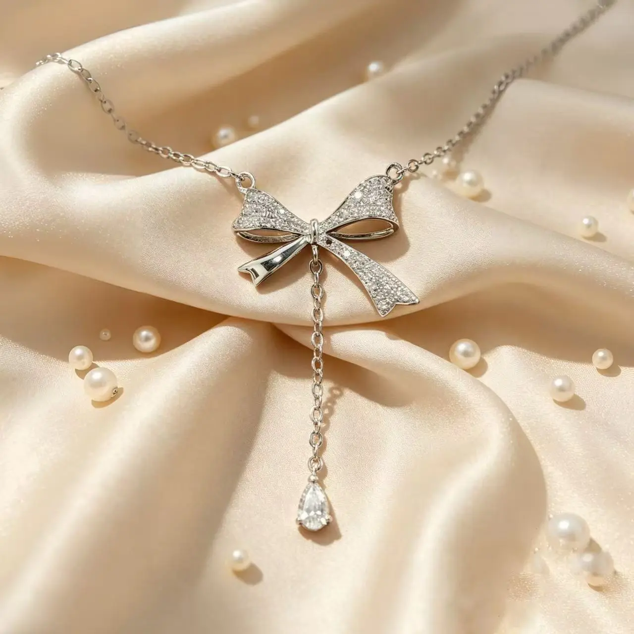 Lab-grown diamond S925 silver necklace with 0.55 ct teardrop diamond and bow design