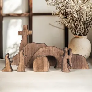 Empty Tomb Easter Scene and Cross Decoration, Wooden Easter Resurrection Scene Cross Jesus Tomb Tray Set, Jesus Nativity Scene Decor for Religious Home Office Tabletop Christian Gifts