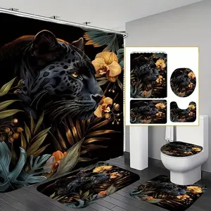 1/4pcs Elegant jaguar pattern shower curtain set, includes non-slip mat, U-shaped rug, and toilet seat cover. Perfect for bathroom décor, partitioning, and beautifying the space. Comes with 12 shower curtain hooks. Bathroom Decoration Accessories