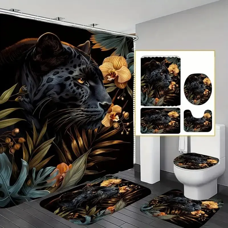 1/4pcs Elegant jaguar pattern shower curtain set, includes non-slip mat, U-shaped rug, and toilet seat cover. Perfect for bathroom décor, partitioning, and beautifying the space. Comes with 12 shower curtain hooks. Bathroom Decoration Accessories